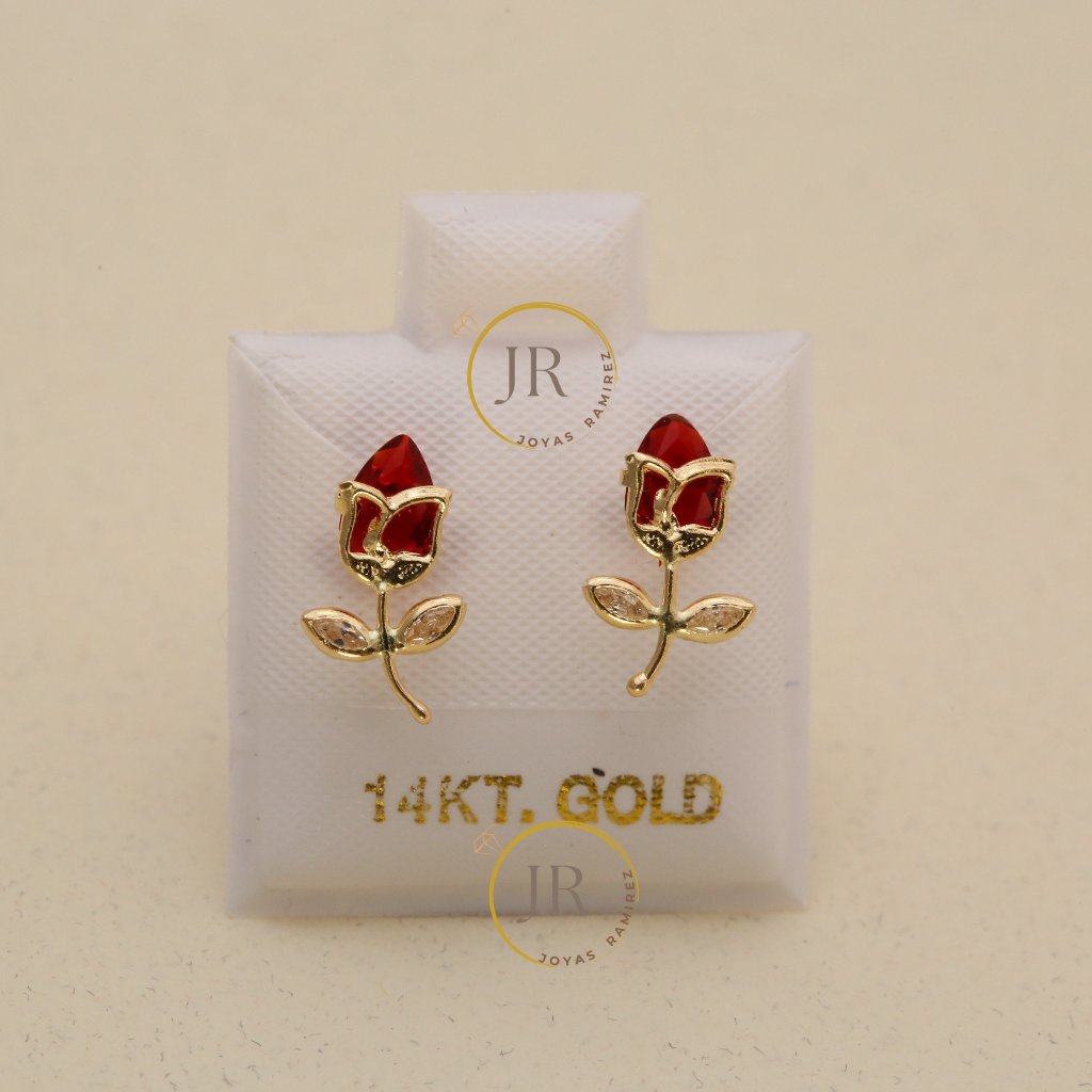 14k Solid Yellow Gold Red Tulip Stud Earrings Floral Elegance & Passion.
